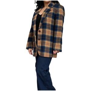 Vintage Pendleton Plaid Tan Blue Red 100% Wool Blazer Womens Size Medium